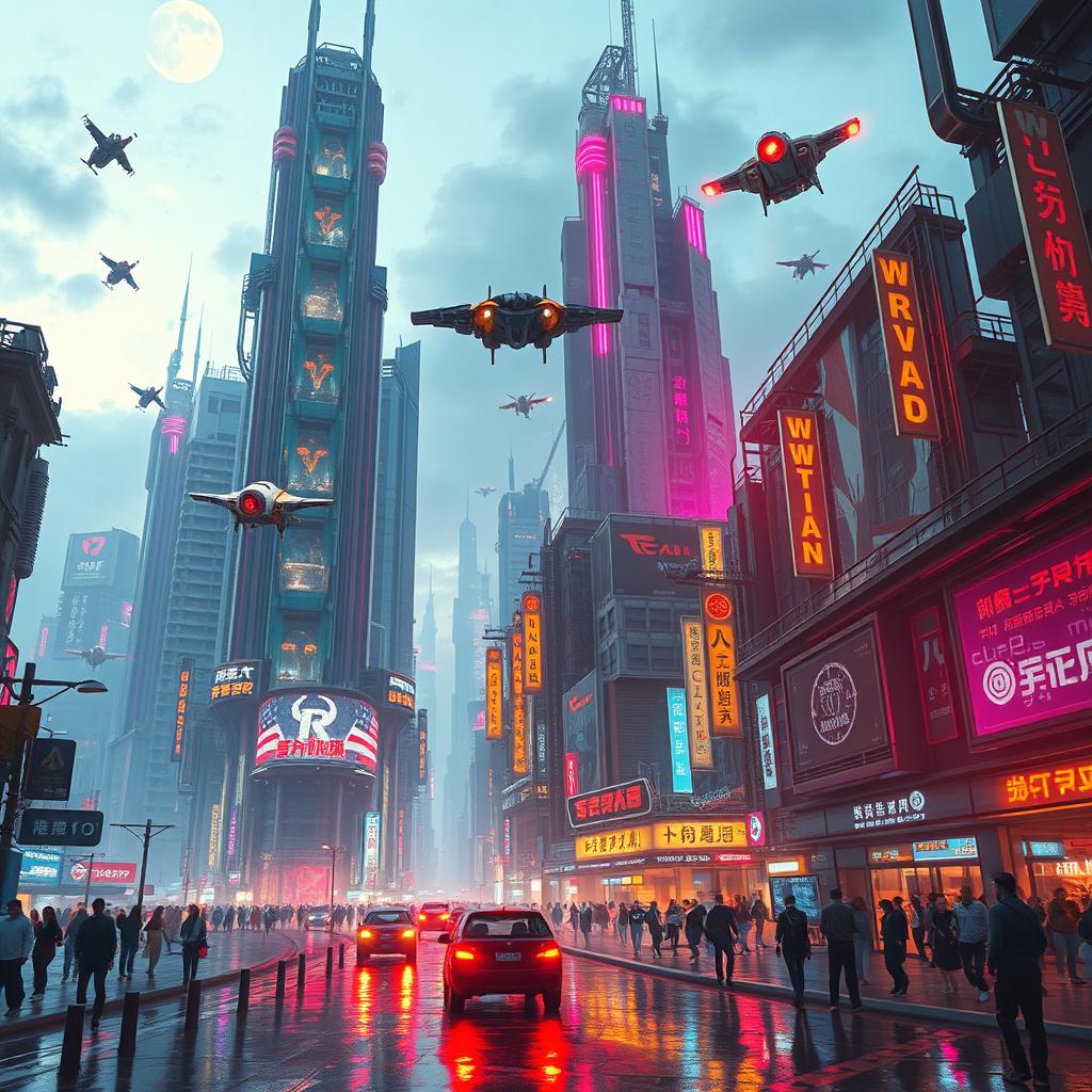 A futuristic cityscape with towering skyscrapers, neon signs illuminating the night, bustling streets filled with people, and flying vehicles soaring through the sky