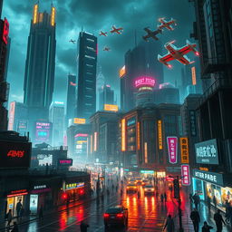 A futuristic cityscape with towering skyscrapers, neon signs illuminating the night, bustling streets filled with people, and flying vehicles soaring through the sky