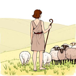 A shepherdess with short brown hair, wearing an ancient Greek tunic with a short skirt, stands barefoot overseeing a flock of sheep