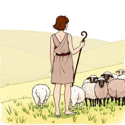 A shepherdess with short brown hair, wearing an ancient Greek tunic with a short skirt, stands barefoot overseeing a flock of sheep