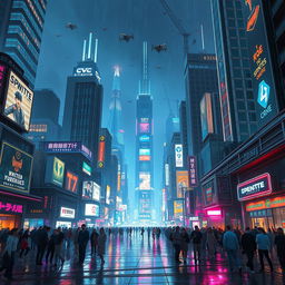 A futuristic cityscape with towering skyscrapers, neon signs illuminating the night, bustling streets filled with people, and flying vehicles soaring through the sky