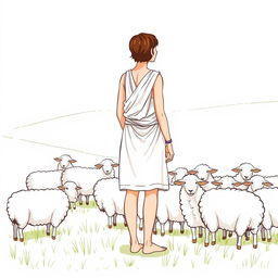 A shepherdess with short brown hair, wearing an ancient Greek tunic with a short skirt, stands barefoot overseeing a flock of sheep