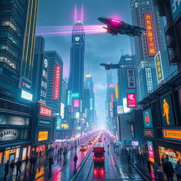 A futuristic cityscape with towering skyscrapers, neon signs illuminating the night, bustling streets filled with people, and flying vehicles soaring through the sky