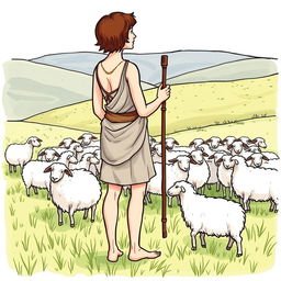 A shepherdess with short brown hair, wearing an ancient Greek tunic with a short skirt, stands barefoot overseeing a flock of sheep