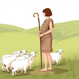 A shepherdess with short brown hair, wearing an ancient Greek tunic with a short skirt, stands barefoot overseeing a flock of sheep