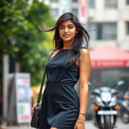 A Telugu girl in her early 20s, elegantly wearing a stylish mini dress