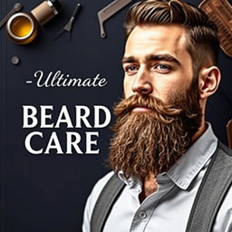 A stylish and modern cover for a beard care ebook, featuring a man with a well-groomed, full beard