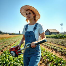 A woman operating a weed eater on a lush, sprawling farm