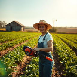 A woman operating a weed eater on a lush, sprawling farm