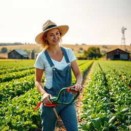 A woman operating a weed eater on a lush, sprawling farm