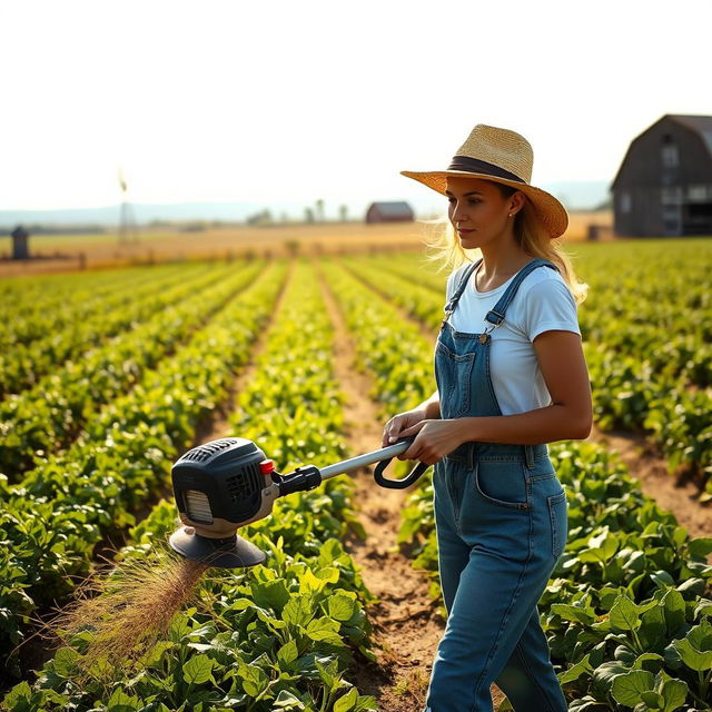 A woman operating a weed eater on a lush, sprawling farm