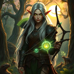 A mysterious and elegant Dungeons & Dragons elf character in a lush forest setting