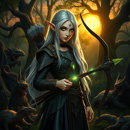 A mysterious and elegant Dungeons & Dragons elf character in a lush forest setting