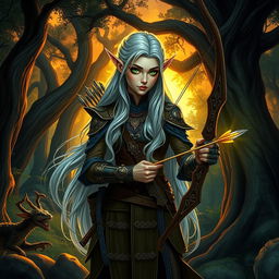 A mysterious and elegant Dungeons & Dragons elf character in a lush forest setting