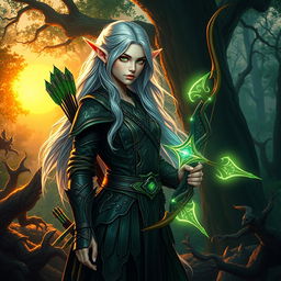 A mysterious and elegant Dungeons & Dragons elf character in a lush forest setting