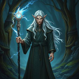 A powerful and enigmatic Dungeons & Dragons male elf mage standing in an ancient forest clearing filled with arcane energy