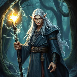 A powerful and enigmatic Dungeons & Dragons male elf mage standing in an ancient forest clearing filled with arcane energy