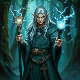 A powerful and enigmatic Dungeons & Dragons male elf mage standing in an ancient forest clearing filled with arcane energy