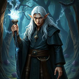 A powerful and enigmatic Dungeons & Dragons male elf mage standing in an ancient forest clearing filled with arcane energy