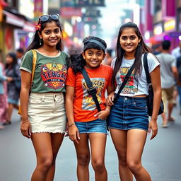 Two Telugu girls in their early 20s, wearing stylish mini skirts, standing together with a Telugu boy aged 17