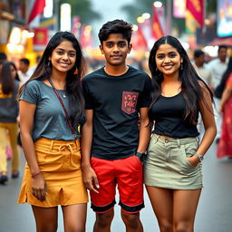 Two Telugu girls in their early 20s, wearing stylish mini skirts, standing together with a Telugu boy aged 17