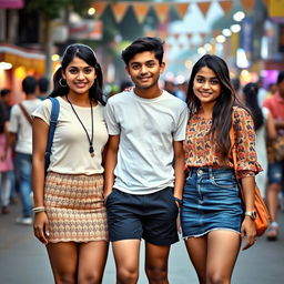 Two Telugu girls in their early 20s, wearing stylish mini skirts, standing together with a Telugu boy aged 17