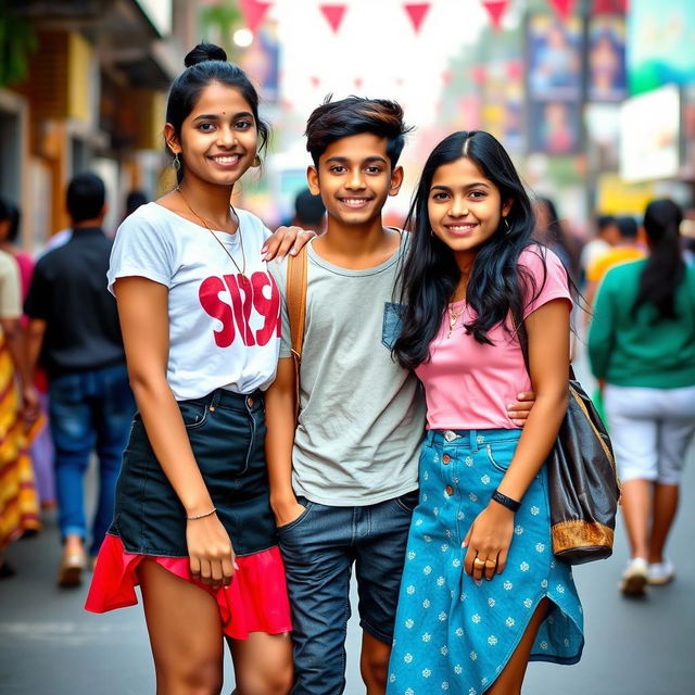 Two Telugu girls in their early 20s, wearing stylish mini skirts, standing together with a Telugu boy aged 17