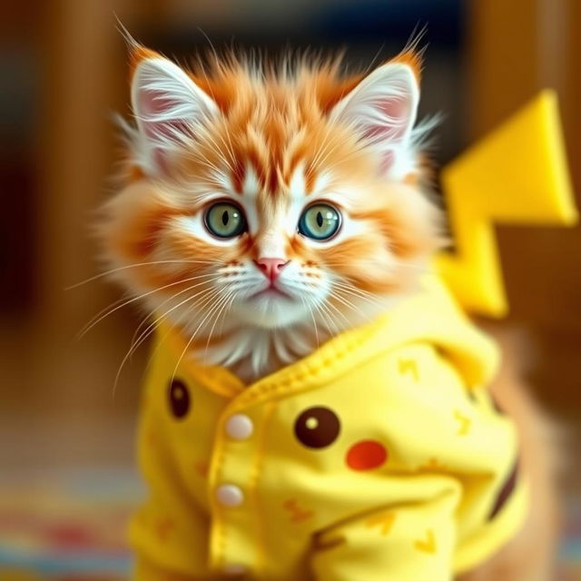 A fluffy, playful orange tabby kitten with vibrant green eyes, dressed in adorable yellow Pikachu-inspired pajamas, complete with lightning bolt patterns and a cute tail detail