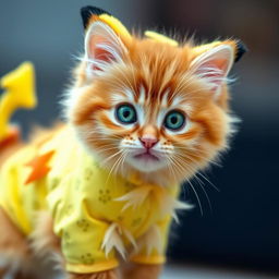 A fluffy, playful orange tabby kitten with vibrant green eyes, dressed in adorable yellow Pikachu-inspired pajamas, complete with lightning bolt patterns and a cute tail detail