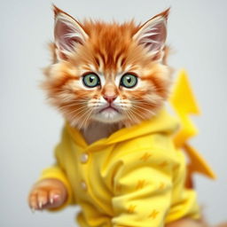 A fluffy, playful orange tabby kitten with vibrant green eyes, dressed in adorable yellow Pikachu-inspired pajamas, complete with lightning bolt patterns and a cute tail detail