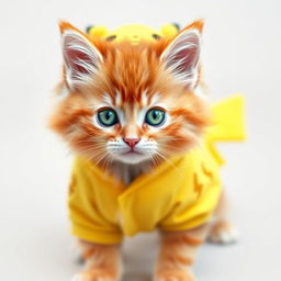 A fluffy, playful orange tabby kitten with vibrant green eyes, dressed in adorable yellow Pikachu-inspired pajamas, complete with lightning bolt patterns and a cute tail detail