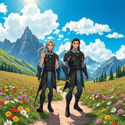 Two male elves standing on a dirt trail surrounded by a vibrant flower meadow, with majestic mountains in the background