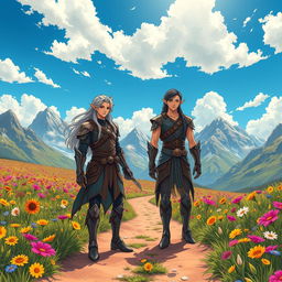 Two male elves standing on a dirt trail surrounded by a vibrant flower meadow, with majestic mountains in the background