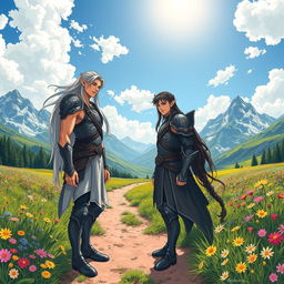 Two male elves standing on a dirt trail surrounded by a vibrant flower meadow, with majestic mountains in the background