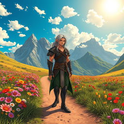 Two male elves standing on a dirt trail surrounded by a vibrant flower meadow, with majestic mountains in the background