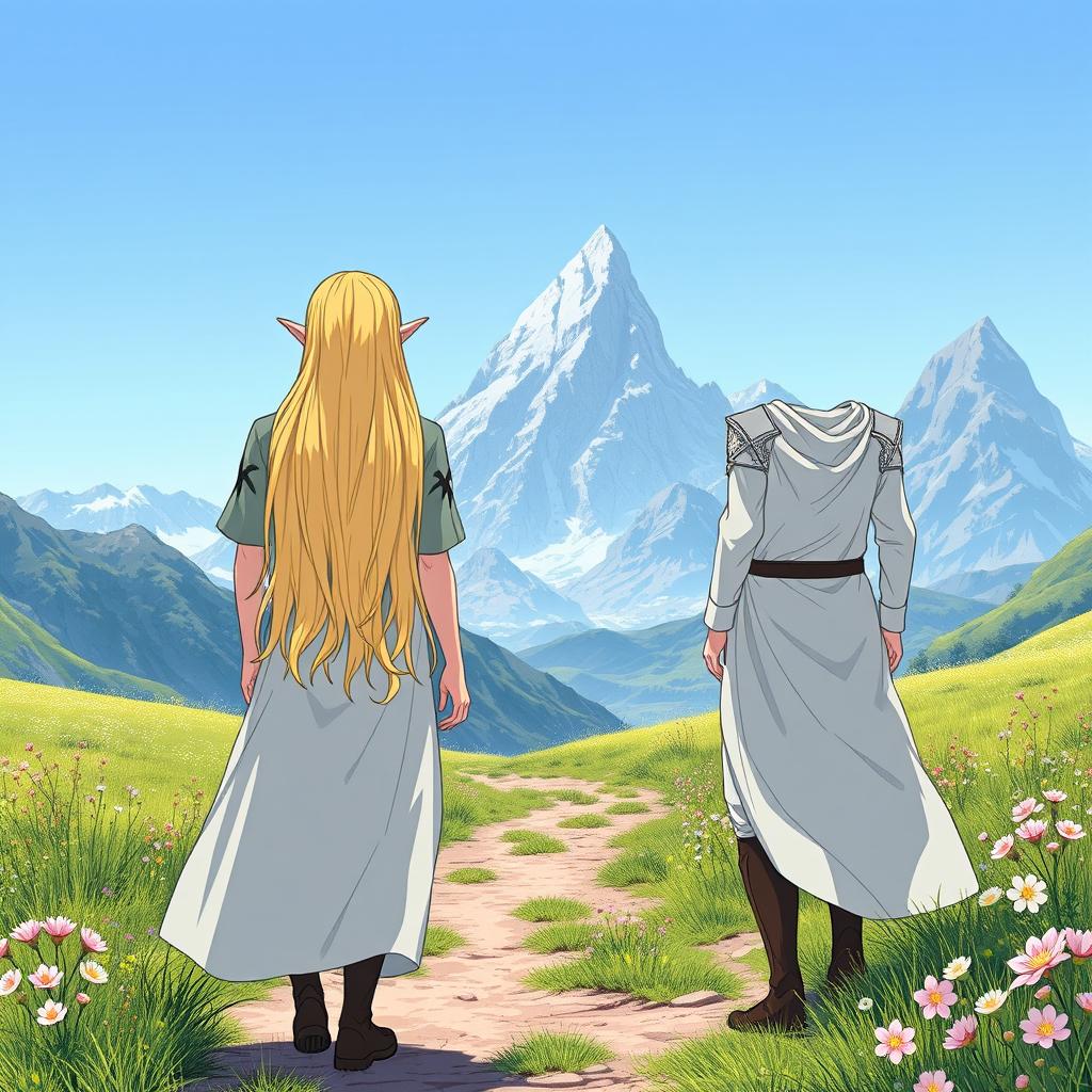 Two male elves with blond hair, viewed from the back, standing on a dirt trail in the middle of a flower meadow, mountains rising majestically in the background