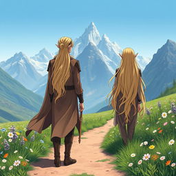 Two male elves with blond hair, viewed from the back, standing on a dirt trail in the middle of a flower meadow, mountains rising majestically in the background