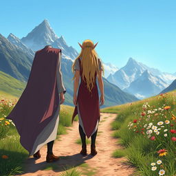 Two male elves with blond hair, viewed from the back, standing on a dirt trail in the middle of a flower meadow, mountains rising majestically in the background