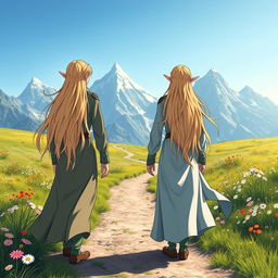 Two male elves with blond hair, viewed from the back, standing on a dirt trail in the middle of a flower meadow, mountains rising majestically in the background