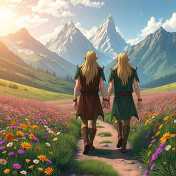 Two male elves with blond hair, dressed as druids, walking on a dirt trail in the center of a vibrant flower meadow