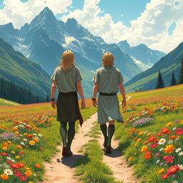 Two male elves with blond hair, dressed as druids, walking on a dirt trail in the center of a vibrant flower meadow