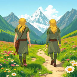 Two male elves with blond hair, dressed as druids, walking on a dirt trail in the center of a vibrant flower meadow