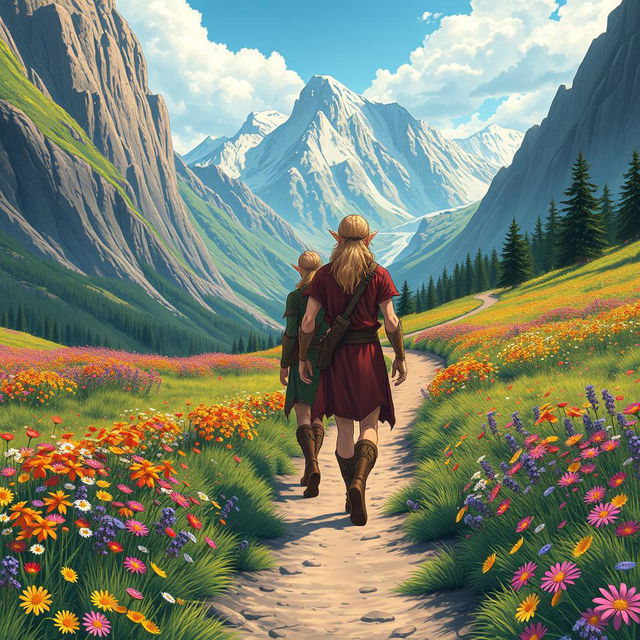 Two male elves with blond hair, dressed as druids, walking on a dirt trail in the center of a vibrant flower meadow