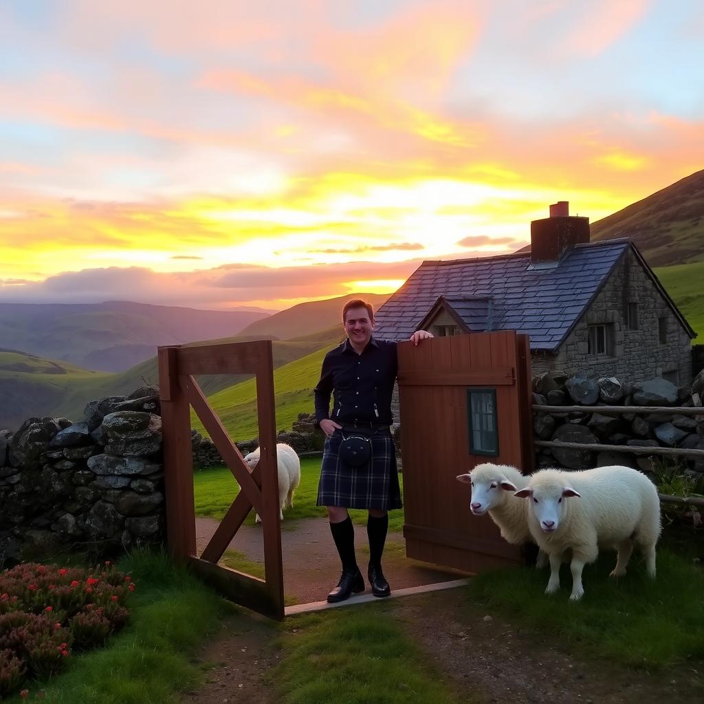 A cozy Scottish Highland scene featuring a traditional stone cottage nestled amidst rolling green hills