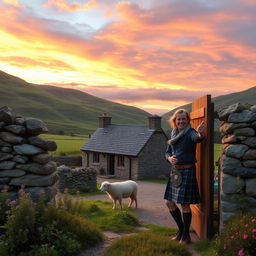 A cozy Scottish Highland scene featuring a traditional stone cottage nestled amidst rolling green hills