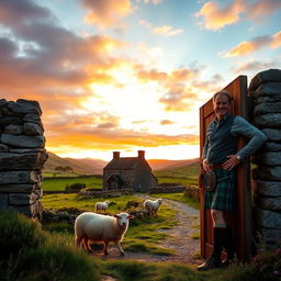 A cozy Scottish Highland scene featuring a traditional stone cottage nestled amidst rolling green hills