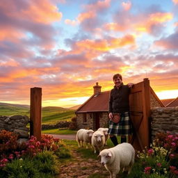 A cozy Scottish Highland scene featuring a traditional stone cottage nestled amidst rolling green hills