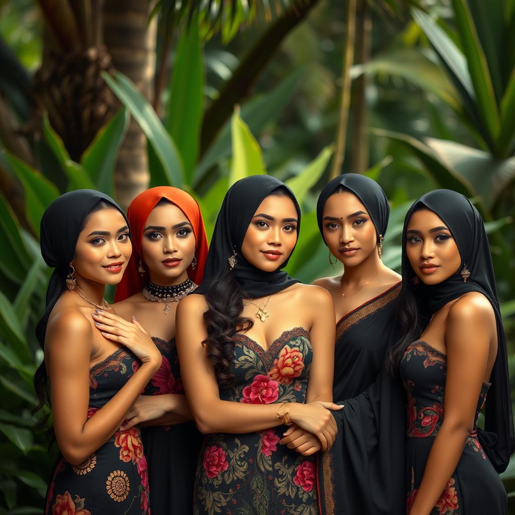 a group of alluring and beautiful Indonesian women, depicted in a tasteful and artistic manner, radiating elegance and beauty, located in a tranquil tropical setting with lush greenery in the background