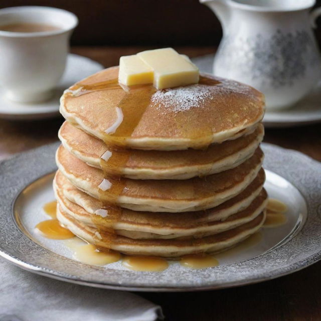 A stack of golden, fluffy pancakes dripping with melted butter and shiny maple syrup, served on an elegant, antique silver plate adorned with intricate patterns. A sprinkle of powdered sugar dusts the top, enhancing the appeal.