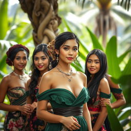 a group of alluring and beautiful Indonesian women, depicted in a tasteful and artistic manner, radiating elegance and beauty, located in a tranquil tropical setting with lush greenery in the background